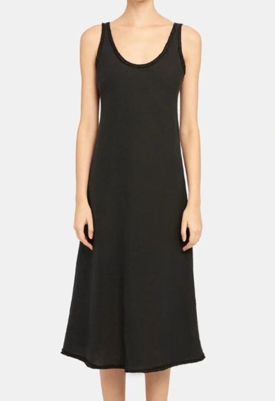THEORY 100% Linen Scoop Neck Tank Dress Raw Edge Trim Sleeveless Midi Black
